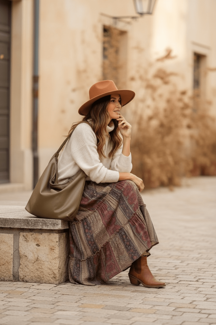 Falda Boho print beige color - Almát.pe
