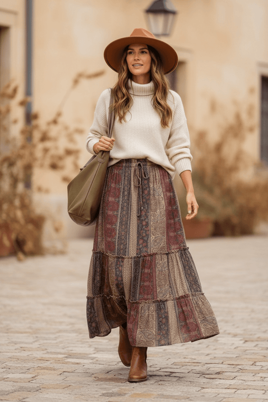 Falda Boho print beige color - Almát.pe